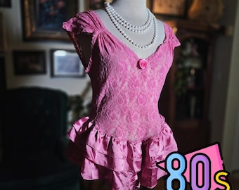 Vintage 80s Lily of France Pink Lace Ruffle Babydoll Lingerie Sleep Dress Large
