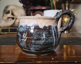 Handmade Studio Pottery Mug Diana Signed Blue Brown Drip Glaze Coffee Tea Cup