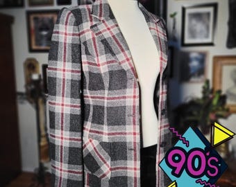 BCBG Max Azria Blazer Plaid Wool Mohair Vintage 90s Grey Red Jacket Sample Small