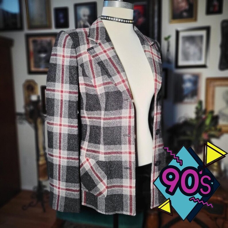 BCBG Max Azria Blazer Plaid Wool Mohair Vintage 90s Grey Red Jacket Sample Small image 1