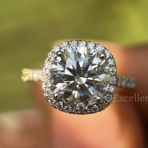 2.10 CT Round Cut Halo Engagement Ring Round Moissanite Ring 14K White Gold Cushion Shape Full Halo Pave Ring Prong Set Ring Promise Ring