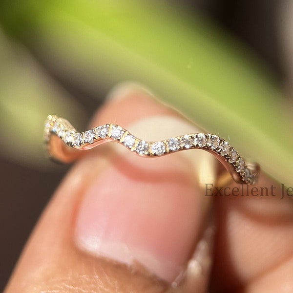 14K Gold Free Style Band Diamond Wave Ring Wedding Curve Full Eternity Band Dainty Moissanite Diamond Wave Style Band Lover Gift for her