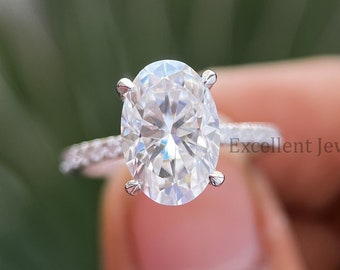 Anello di fidanzamento con moissanite taglio ovale da 3,88 carati, anello con moissanite con alone nascosto ovale, anello in oro massiccio 14k, regalo di anniversario, anello nuziale, anello giornaliero