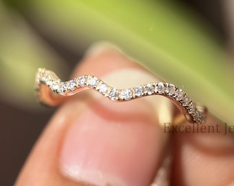14K Gold Free Style Band Diamond Wave Ring Wedding Curve Full Eternity Band Dainty Moissanite Diamond Wave Style Band Lover Gift for her