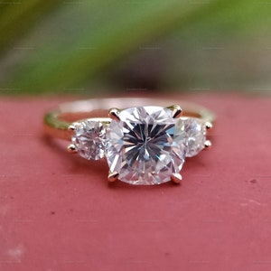 2 CT Cushion Moissanite Engagement Ring 10K/14K Solid Gold Cushion Cut Moissanite Ring Cushion Three Stone Ring Anniversary Ring For Women