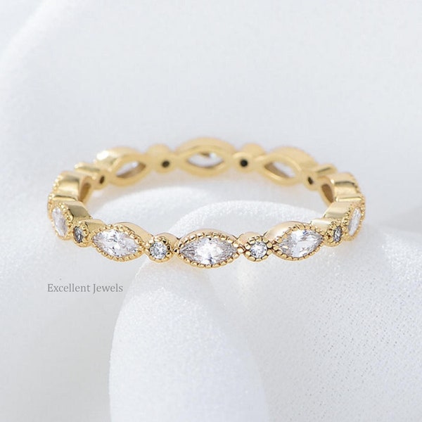 Bezel Set Vintage Moissanite Marquise Wedding Band Women Yellow Gold Full Eternity Stacking Art Deco Unique Promise Ring Anniversary Ring