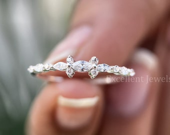 White Gold Wedding Band Women Moissanite Eternity Ring Marquise Cut Diamond Stacking Matching Unique Half Eternity Vintage Ring Promise Gift
