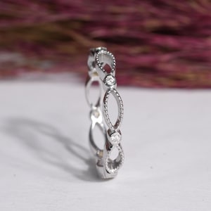 Vintage Moissanite Wedding Band Art Deco Milgrain Wedding Ring 14K Solid White Gold Vintage Wedding Band For Her Anniversary Band For Women
