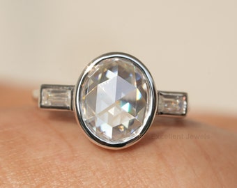 3CT ovale vorm roos geslepen ring, vintage drie stenen ring, moissaniet tapper stokbrood stenen, ovale moissaniet verlovingsring, cadeau voor haar