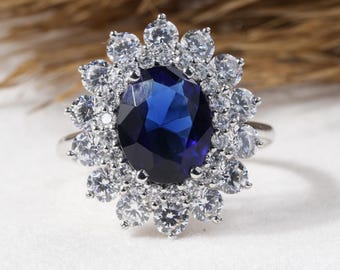 2Ct Oval Blue Sapphire Engagement Ring Blue Sapphire Gemstone Bridal Ring Round Moissanite Ring Halo Moissanite Engagement Ring Gift For Her