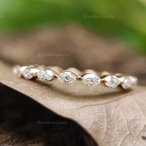 14K Solid Gold Marquise Single Prong Band Ring, Unique Marquise Ring, Full Eternity Marquise Moissanite Band, Stacking Vintage Wedding Band