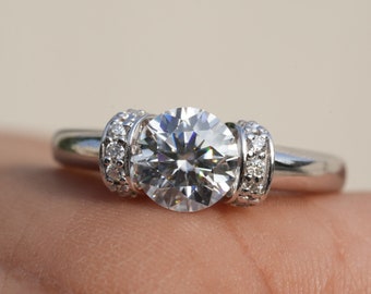 1.50Ct ronde Moissanite diamanten ring, 14K witgoud ronde Solitaire ring, ronde Moissanite verlovingsring voor haar, verjaardag ring cadeau