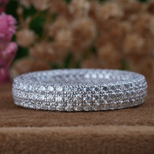 Three Row Micro Pave Full Eternity Band  Round Diamond Wedding Band Moissanite Band Wide Band Men Diamond Band Anniversary Band Unisex Band