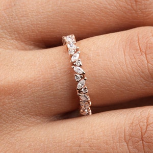 Marquise and Round Half Eternity Moissanite Wedding Band, Marquise Moissanite Band Vintage Style Stacking Ring 14K Gold Bridal Matching Band