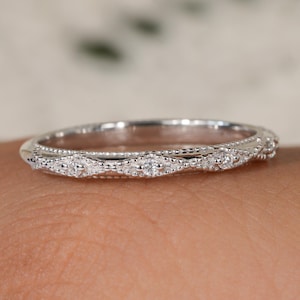 Round Diamond Wedding Band Art deco Milgrain Wedding Band Half Eternity Stacking Matching Band Vintage Moissanite Anniversary Band