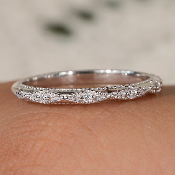 Round Diamond Wedding Band Art deco Milgrain Wedding Band Half Eternity Stacking Matching Band Vintage Moissanite Anniversary Band