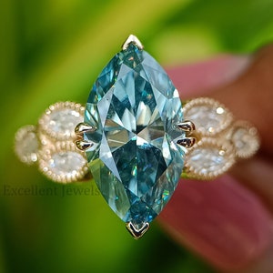 Pierścionek zaręczynowy w stylu filigranowym w kolorze niebieskim i zielonym markiza z moissanitem o masie 3,81 ct, szlif markiza, obrączka ślubna w stylu art deco z ząbkami w kształcie litery V, obietnica ślubu