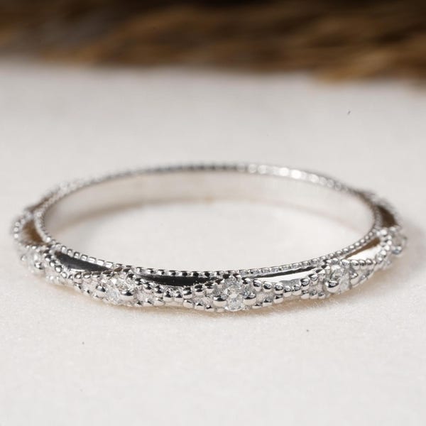 Milgrain Vintage Moissanite Wedding Band 14K White Gold Stacking Matching Band Moissanite Art Deco Half Eternity Ring Anniversary Band