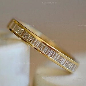 Baguette Cut Moissanite Ring 14K Yellow Gold Half Eternity Ring Baguette Diamond Wedding Band Channel Set Stacking Band Matching Band