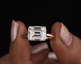 3.0 CT Emerald Cut East to West Solitaire Engagement Ring 14k/18K Yellow Gold, Forever One East to West Ring, Moissanite Emerald Cut Ring