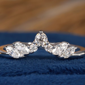 Vintage Tiara Marquise and Round Moissanite Ring Marquise Cut Moissanite Curved Matching Band 14K White Gold V Shaped Curved Wedding Band