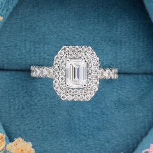 1CT Emerald Cut Moissanite Ring 14K White Gold Vintage Emerald Engagement Ring Emerald Double Halo Unique Pave Ring Anniversary Ring For Her