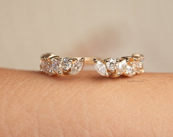 Fede nuziale vintage in oro massiccio 14 carati con taglio marquise, fede nuziale con taglio marquise e moissanite, fede nuziale con taglio marquise e taglio aperto per donna