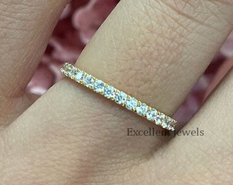 2mm Yellow Gold Wedding Band - Moissanite Diamond / Half Eternity Band / Solid Gold Ring / 10k 14k 18k Wedding Bands for Women / Comfort Fit