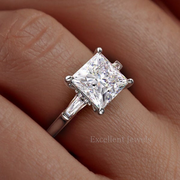 Three Stone 2.5 CT Princess Cut Moissanite Diamond, Modern Anniversary Ring For Her, Anniversary Ring, Side Tapered Baguette Moissanite Ring