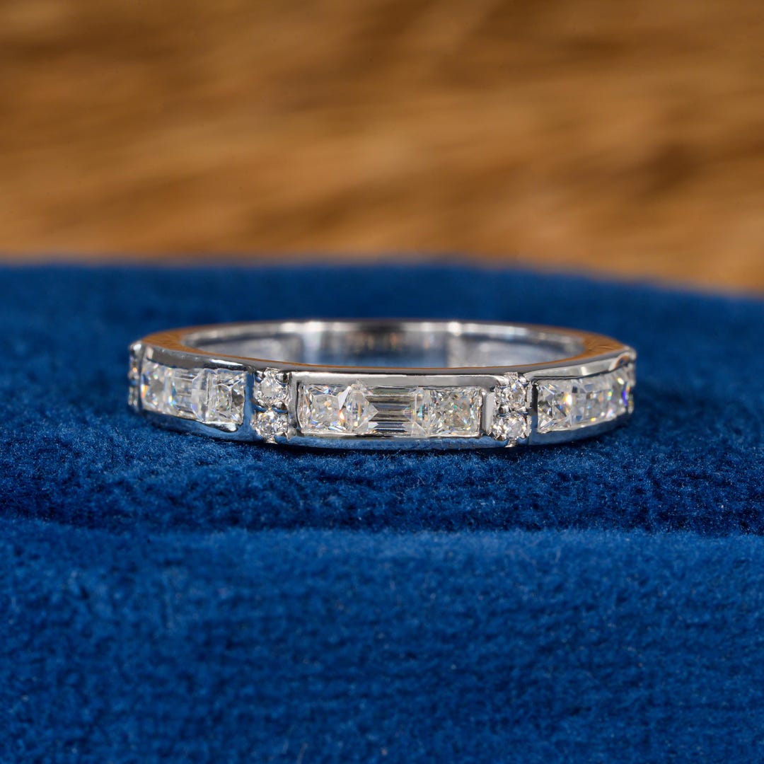 14K Baguette and Round Diamond Half Eternity Wedding Band Baguette ...