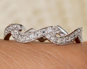 Round Diamond Wave Wedding Band Unique Vintage Wave 14K White Gold Pave Diamond Wedding Ring Full Eternity Stacking Band Anniversary Band