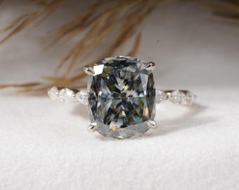 6Ct Cushion Moissanite Engagement Ring 14K White Gold Black Cushion Moissanite Ring Marquise, Cushion Black Moissanite Ring Anniversary Gift