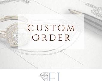 May include: A close-up of a custom-designed engagement ring with a large, square-cut diamond surrounded by smaller diamonds. The ring is set in yellow gold and is resting on a white surface with a pencil and a drawing of a ring. The text "CUSTOM ORDER" is written in brown text on a white background.