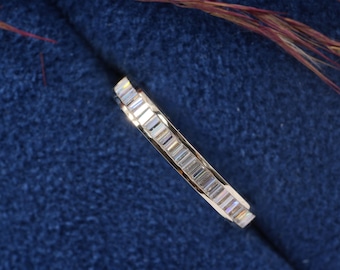 Baguette Cut Moissanite Ring 14K Yellow Gold Half Eternity Ring Baguette Diamond Wedding Band Channel Set Stacking Band Matching Band