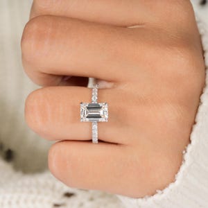 Emerald Lab Grown Diamond Engagement Ring Emerald Cut Diamond Ring For Anniversary Gift Genuine Emerald Hidden Halo Diamond Ring For Her