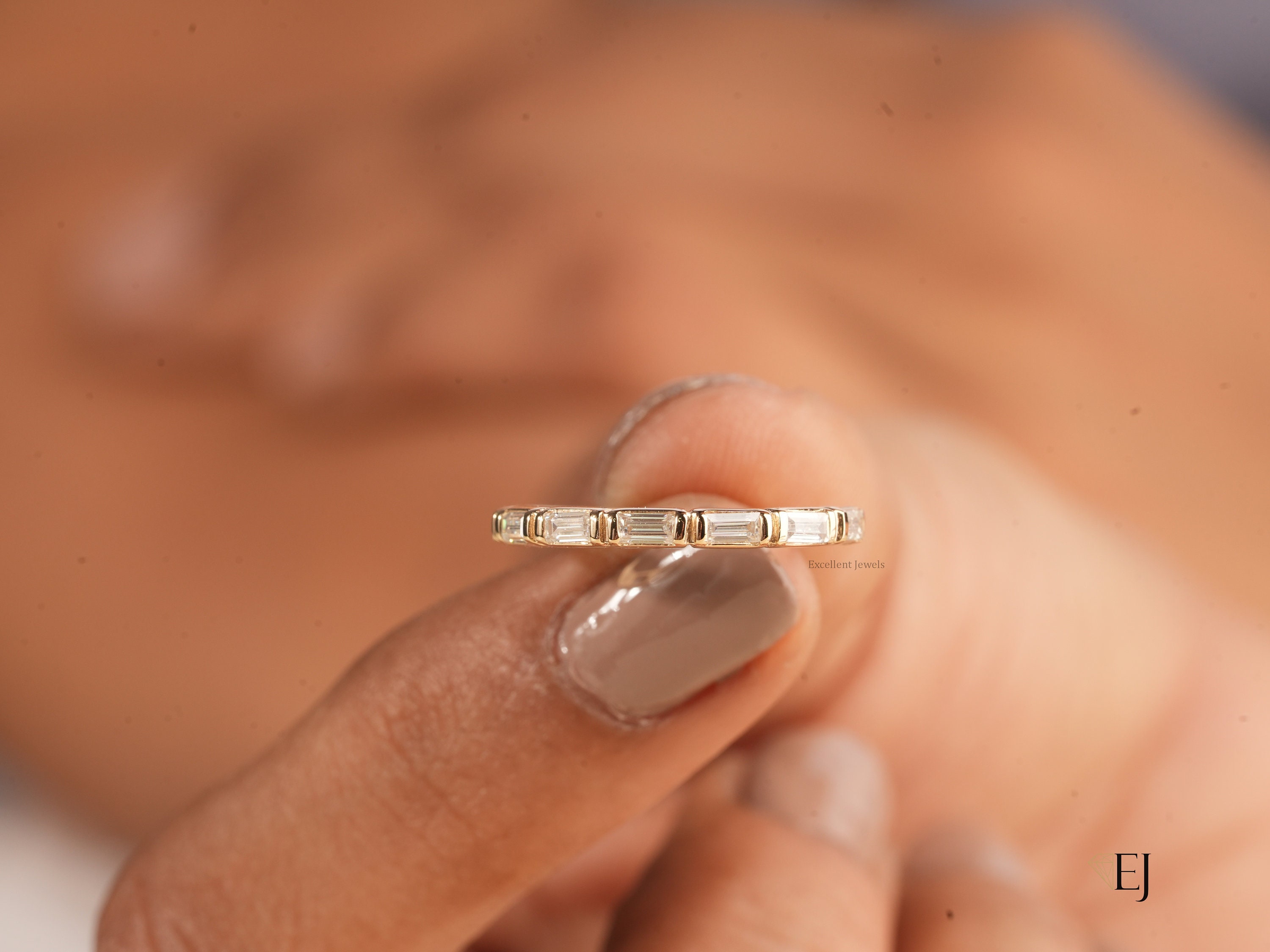 Baguette Cut Moissanite Half Eternity Ring 14K Yellow Gold Baguette Wedding Band Baguette Bar Setting Eternity Ring Minimalist Stacking Band