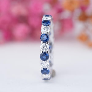 Round Moissanite Full Eternity Band Blue Sapphire Wedding Band Matching Band For Her Anniversary Ring Promise Ring Gift For Her