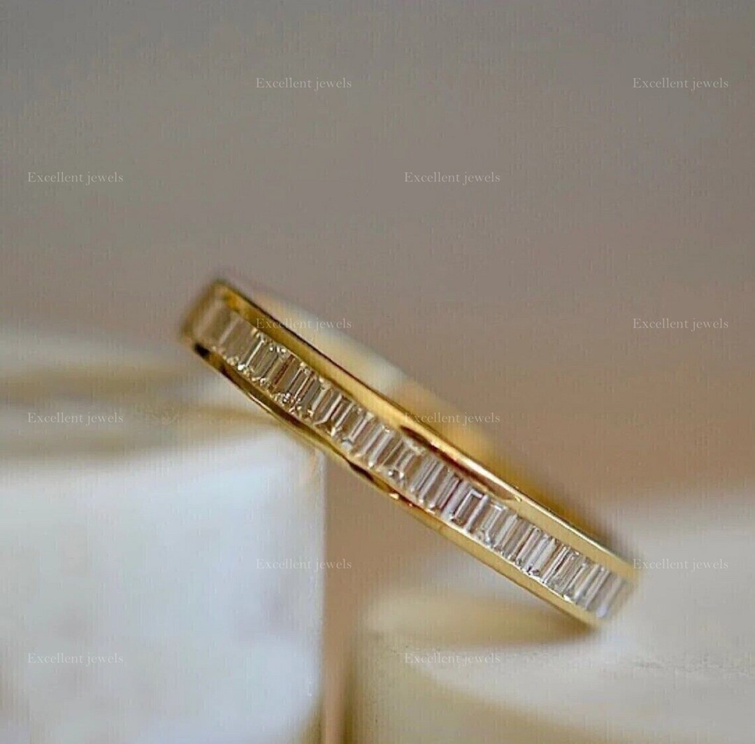 Baguette Cut Moissanite Ring 14K Yellow Gold Half Eternity Ring ...