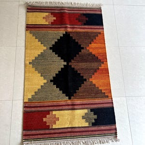 Swedish Kilim Rug: Handwoven Wool, Diamond Pattern