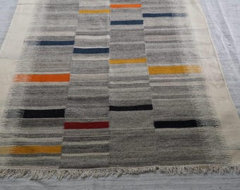 Handmade Swedish Kilim Rug: Modern Color Block Wool Flatweave