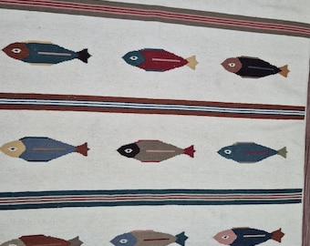 Handwoven Swedish Kilim Rug: Nautical Fish Design, Wool Carpet