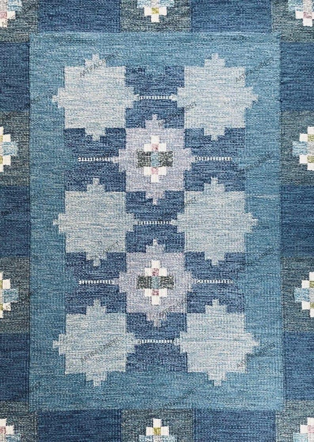 Muted Blue Kilim Rug: Handwoven New Zealand Wool, Southwestern Design ...