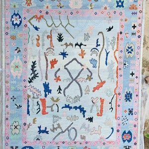 Handwoven pastel  Abstract Turkish  Rugs Soft blue and Multicolor bohemian Area Rug  With Tribal Symbols