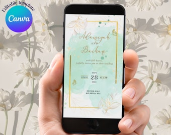 Green Gold Floral Electronic Wedding Invitation: Smartphone Evite (Digital Download)