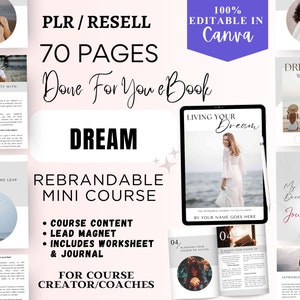 May include: A pink and white digital product mockup for a 70-page rebrandable mini course titled "Living Your Dream". The course includes a lead magnet, worksheet, and journal. The text "100% Editable in Canva" is displayed in a purple box. The text "PLR/Resell Done For You Book" is displayed in a pink box. The text "Dream" is displayed in a pink box. The text "Rebrandable Mini Course" is displayed in a pink box. The text "Course Content, Lead Magnet, Includes Worksheet & Journal" is displayed in a black box. The text "For Course Creator/Coaches" is displayed in a black box.