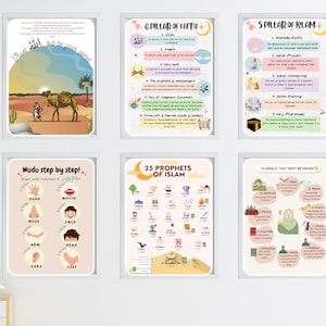 6 Sets Educational Islamic Nursery Wall Art 6 Pillar Of Faith 5 Pillar Of Islam Prophets Hadith Wudu Angels Islam Print Islamic Kids Room