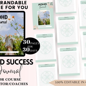 May include: A digital planner for ADHD success with 30 pages for 30 days. The planner is 100% editable in Canva and features a green and white color scheme. The cover image shows a pair of feet in a field of flowers.