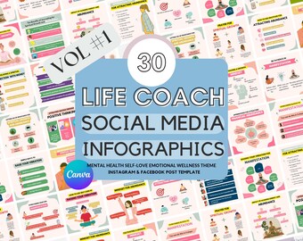 Life Coach Social Media Templates: Mental Health, Wellness (Canva Editable)