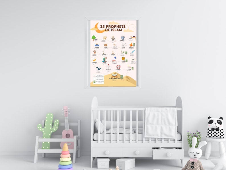 May include: A framed print titled "25 Prophets of Islam" with colorful illustrations and text. The artwork features a crescent moon and a desert scene. The print is displayed above a white crib in a nursery setting.