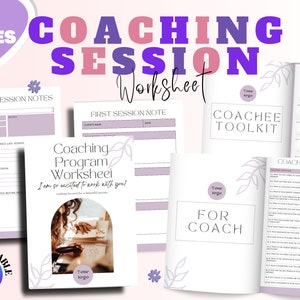 以下が含まれることがあります： 紫と白のカラーリングが施された18ページのコーチングセッションワークシート。ワークシートには、クライアントセッションノート、ファーストセッションノート、コーチングプログラムワークシート、コーチ用ツールキット、コーチング質問のセクションが含まれています。ページ上部には「Coaching Session Worksheet」というテキストが大きく太字で表示されています。